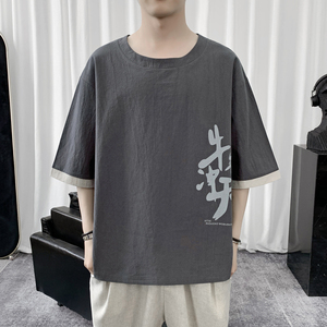 T8887 P45 短句风 撞色拼接T恤青年棉麻宽松七分袖牛气冲天印花图片