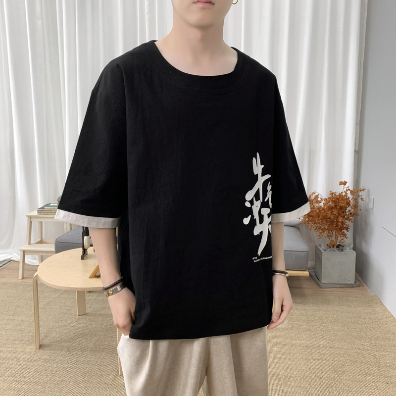 T8887P45新咖啡厅风棉麻纯棉汉字印花短袖圆领T恤夏装,男装T恤,电商A026