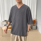 T8892P45新咖啡厅冰丝荷花刺绣夏季清凉透气T恤风V领宽松，男装T恤，电商A026