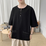 T8883P45新咖啡厅夏装棉麻短袖圆领休闲百搭风刺绣大码T恤，男装T恤，电商A026