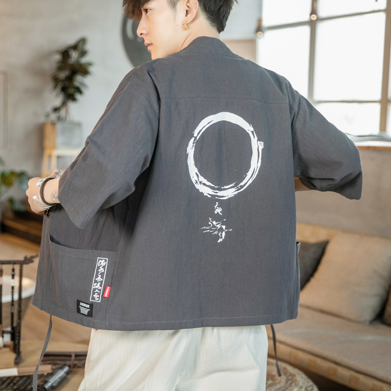F868P45咖啡厅风潮流时尚大码七分袖休闲棉麻印花开衫汉服,男装民族服装,电商A026