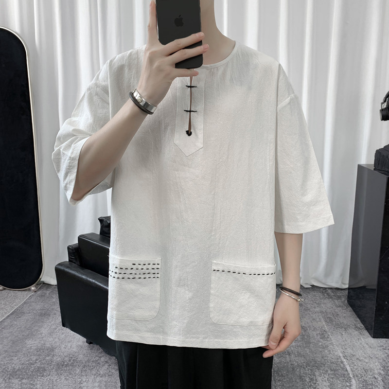 T8883P45短句风宽松七分袖T恤青少年棉麻撞色大码体恤休闲百搭,男装T恤,电商A026