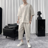 W850P85短句风加大码休闲短袖夏学生绣花刺绣套装薄款棉麻七分，男装休闲套装，电商A026