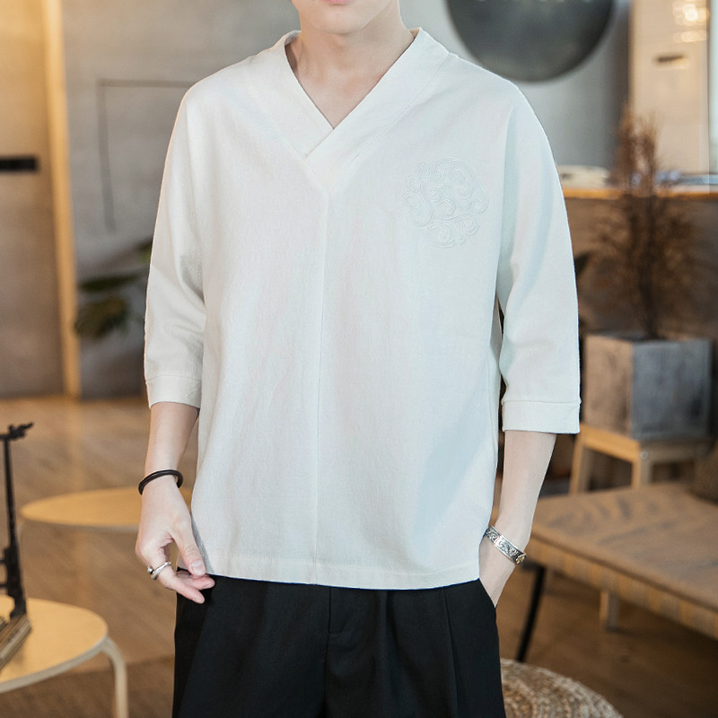 588P45咖啡厅2024夏装新款棉麻潮宽松时尚风七分袖大码T恤,男装T恤,电商A026