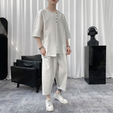 W859P85短句风扣子T恤套装棉麻风休闲百搭宽松学生七分，男装休闲套装，电商A026