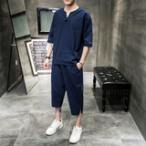 W19P80室内风棉套装时尚刺绣百搭青年七分裤七分袖宽松风，男装休闲套装，电商A026