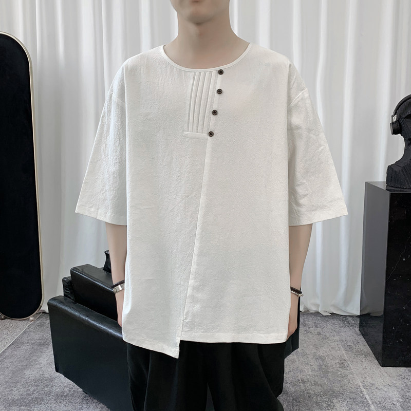 T8889P45短句风纽扣撞色纯色百搭宽松休闲七分袖加大码T恤简约,男装T恤,电商A026
