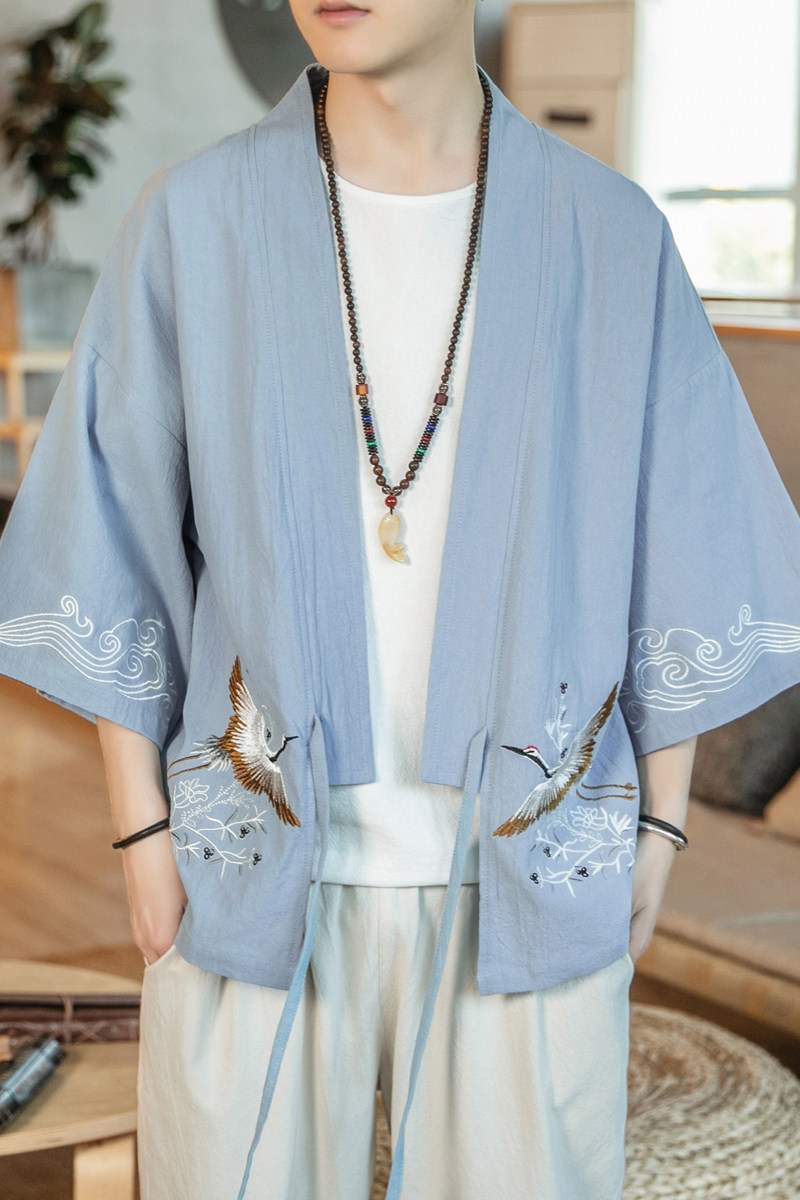 F861P55咖啡厅七分袖仙鹤绣花棉麻潮流宽松风汉服外套,男装民族服装,电商A026