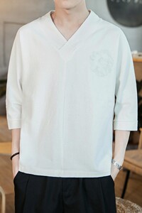 588 P45 咖啡厅2024夏装新款棉麻潮宽松时尚风七分袖大码T恤图片