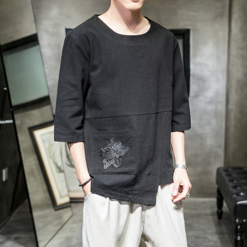 591P45室内风风圆领潮流时尚刺绣大码宽松休闲七分袖T恤,男装T恤,电商A026