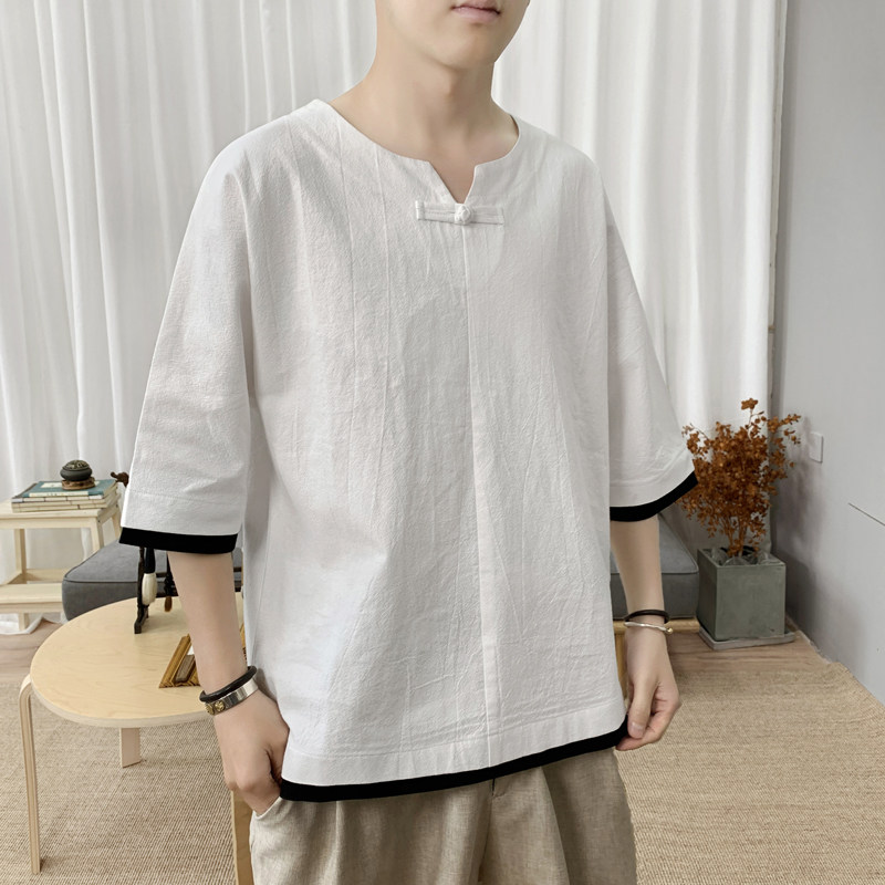 T8882P45新咖啡厅风假两件棉麻盘扣休闲潮流学生宽松T恤,男装T恤,电商A026