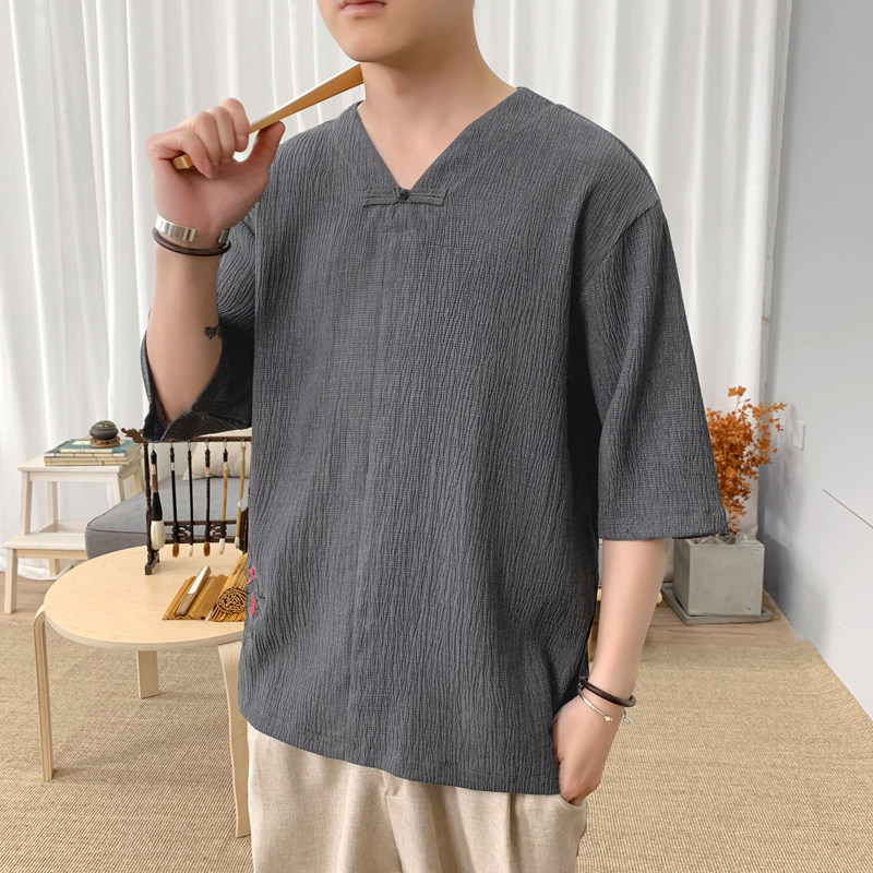 T8892P45新咖啡厅冰丝荷花刺绣夏季清凉透气T恤风V领宽松,男装T恤,电商A026