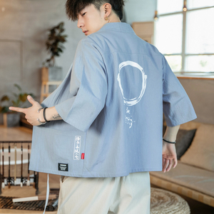 F868  P45 咖啡厅风潮流时尚大码七分袖休闲棉麻印花开衫汉服图片