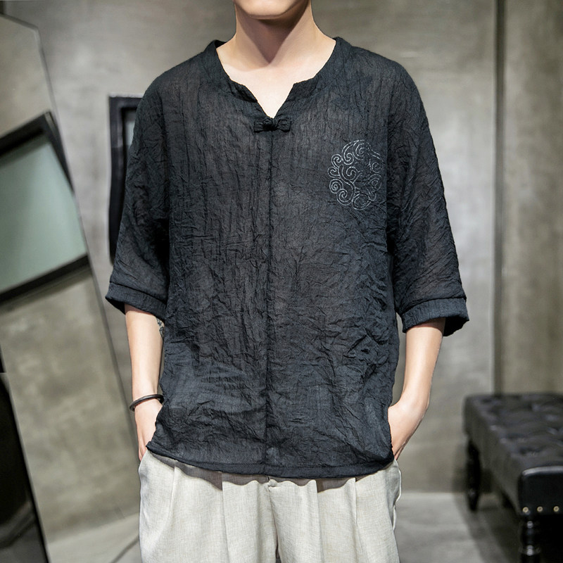 606 P30 室内风2024夏装新款百搭时尚V领盘扣仿亚麻七分袖T恤图片