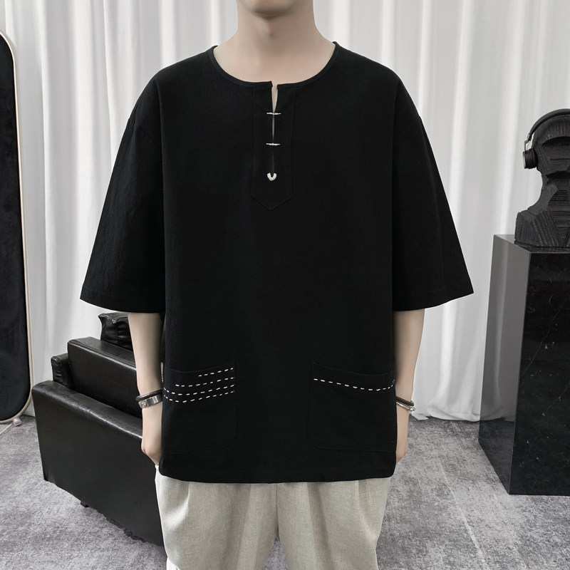 T8883P45短句风七分袖刺绣T恤宽松休闲棉麻撞色体恤百搭简约,男装T恤,电商A026