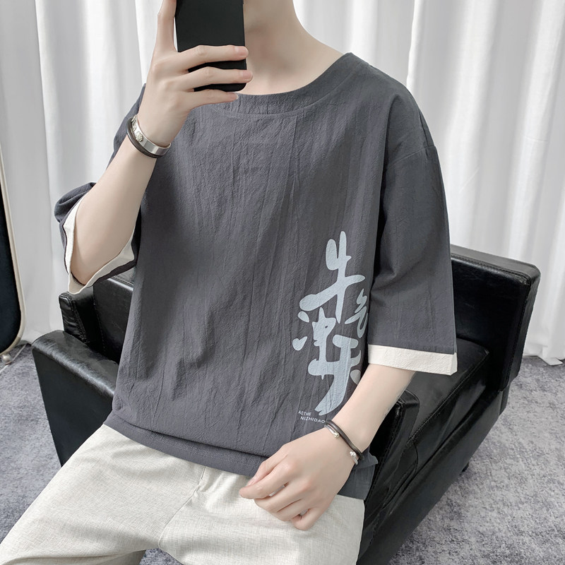 T8887P45短句风印花宽松撞色拼接体恤学生棉麻T恤七分袖风,男装T恤,电商A026