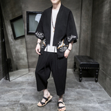 A611P85室内风2024夏装新款七分袖七分裤仙鹤刺绣宽松汉服套装，男装休闲套装，电商A026