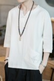 587P45咖啡厅风亚麻仙鹤刺绣加肥加大码盘扣休闲七分袖T恤，男装T恤，电商A026