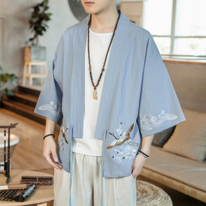 F861  P55 咖啡厅七分袖仙鹤绣花棉麻潮流宽松风汉服外套图片