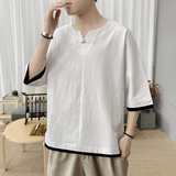 T8882P45新咖啡厅风假两件棉麻盘扣休闲潮流学生宽松T恤，男装T恤，电商A026