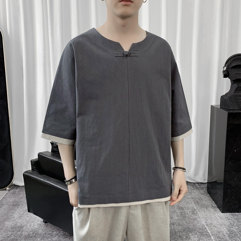 T8882P45短句风夏季体恤亚麻撞色拼接学生棉麻七分袖风,男装T恤,电商A026