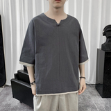 T8882P45短句风夏季体恤亚麻撞色拼接学生棉麻七分袖风，男装T恤，电商A026