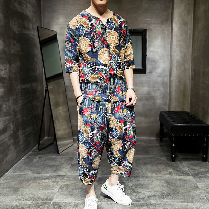 WY2P75室内风2024夏新款棉麻潮时尚盘扣七分袖七分裤亚麻套装,男装休闲套装,电商A026