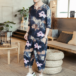 WY1 P75 咖啡厅 2024夏新款风亚麻潮流时尚宽松休闲印花套装,男装休闲套装,电商A026