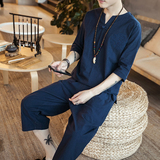 W19P80咖啡厅亚麻套装刺绣七分大垮裤宽松休闲七分袖风棉，男装休闲套装，电商A026