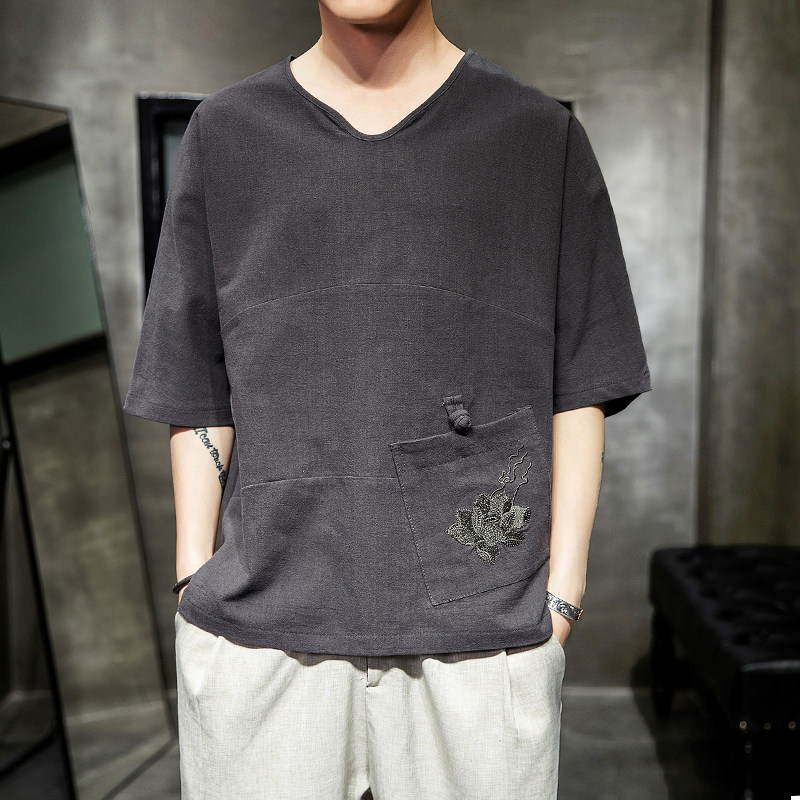 583 P45 室内风风青年百搭盘扣棉麻刺绣七分袖宽松T恤图片
