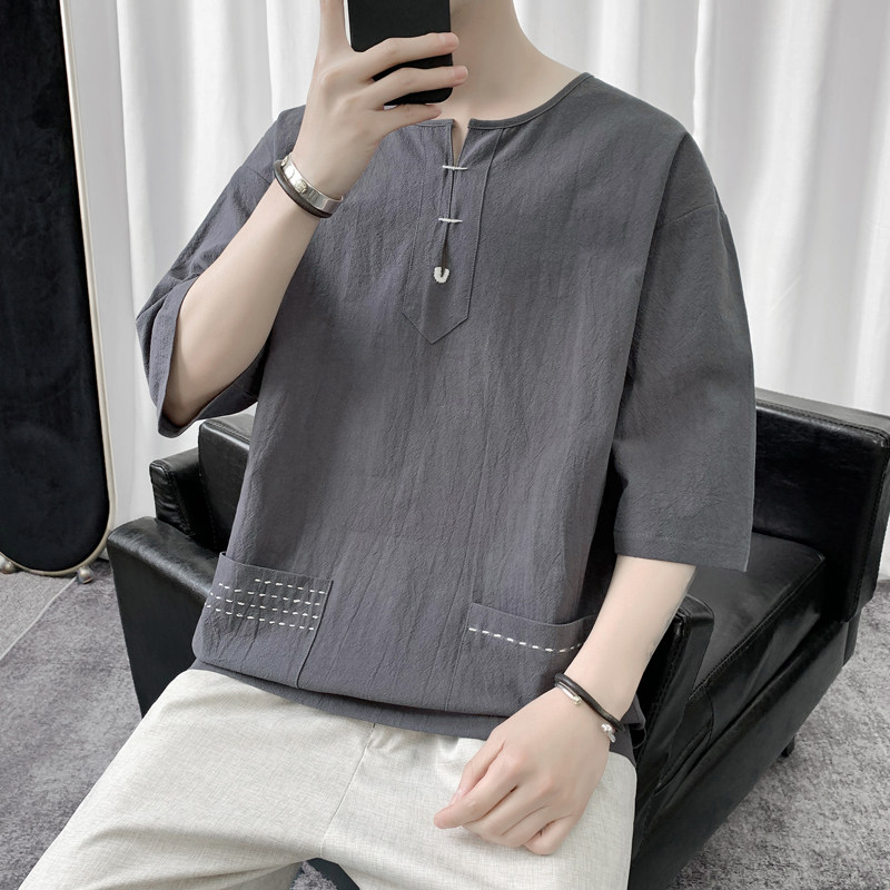 T8883P45短句风七分袖刺绣T恤宽松休闲棉麻撞色体恤百搭简约,男装T恤,电商A026