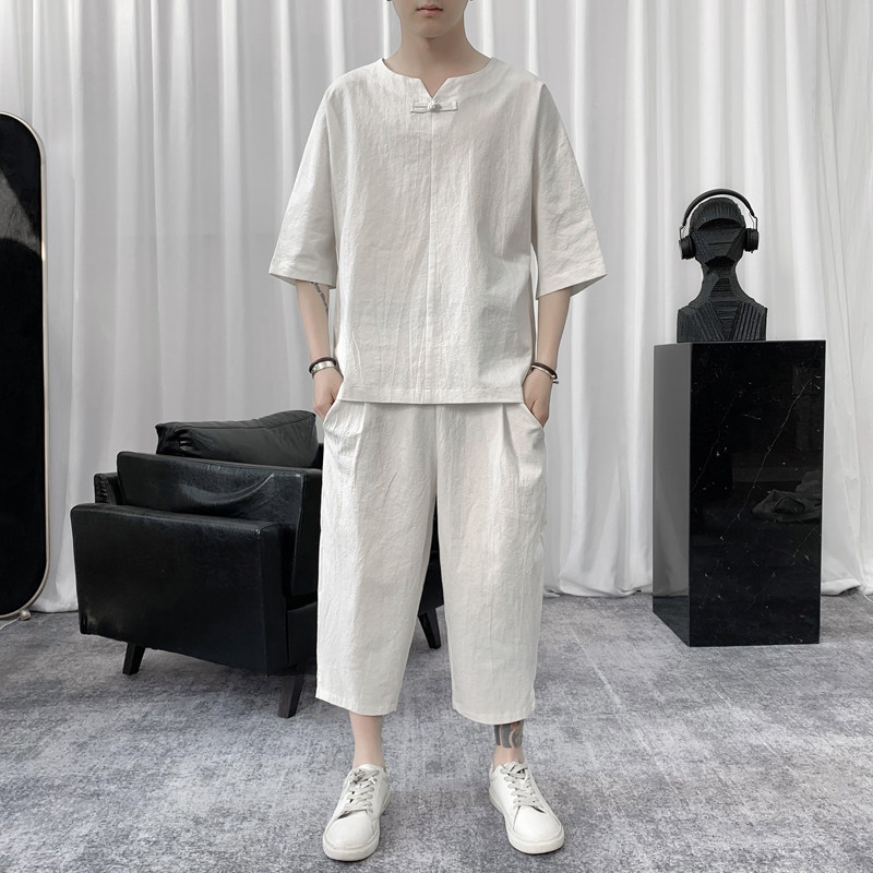 W8581P85短句风短袖棉麻夏装牛头印花风休闲七分T恤套装,男装休闲套装,电商A026