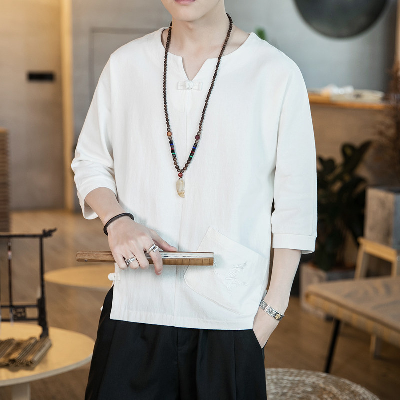 587P45咖啡厅风亚麻仙鹤刺绣加肥加大码盘扣休闲七分袖T恤,男装T恤,电商A026