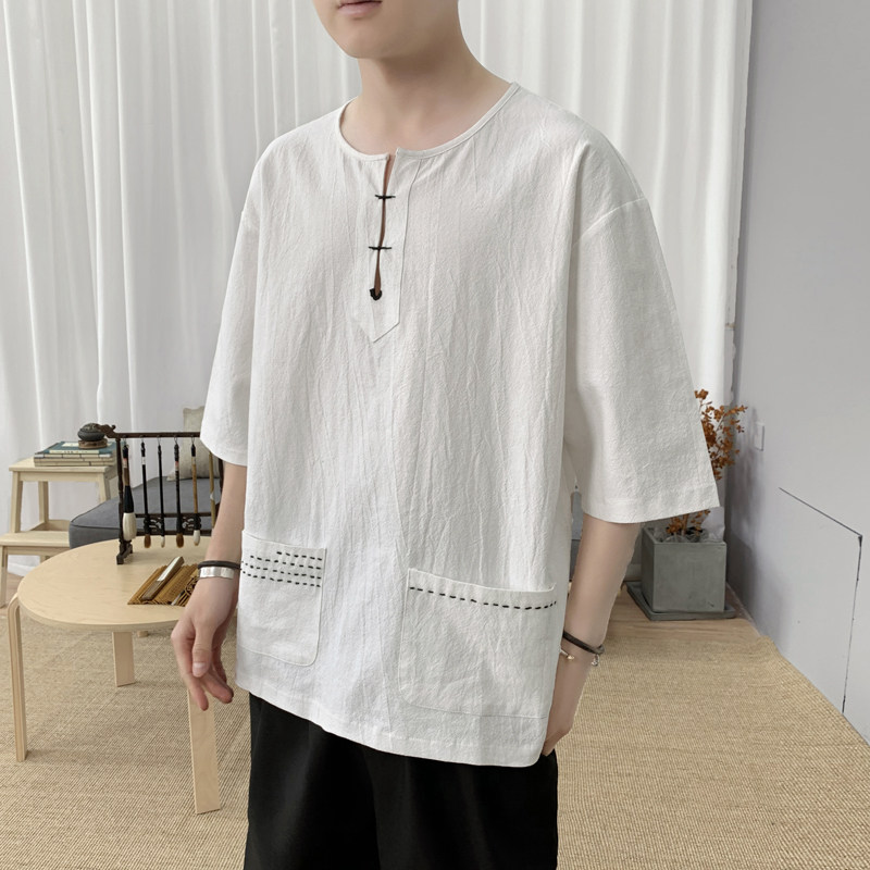 T8883P45新咖啡厅风百搭休闲青年刺绣棉麻纯棉T恤加大码,男装T恤,电商A026
