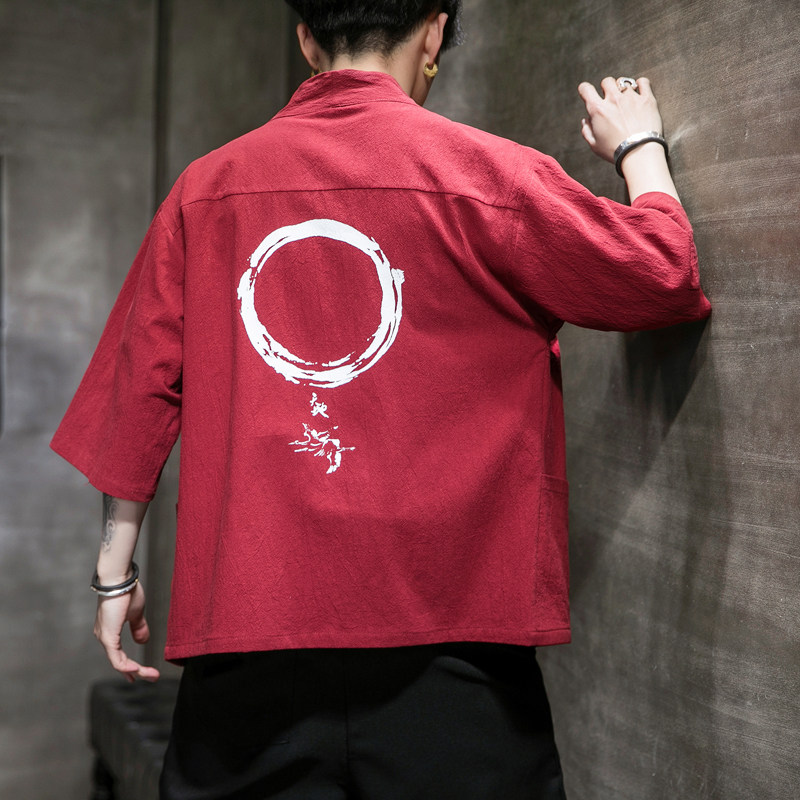 F868P45室内风风棉麻青年百搭休闲七分袖宽松汉服开衫外套,男装夹克,电商A026