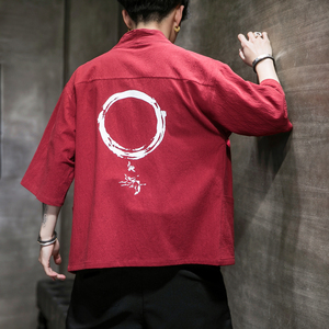 F868 P45 室内风风棉麻青年百搭休闲七分袖宽松汉服开衫外套图片