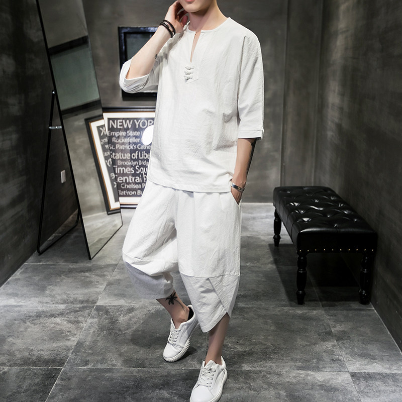 W18P80室内风2024夏装新款宽松亚麻套装七分袖七分裤棉麻纯色,男装休闲套装,电商A026