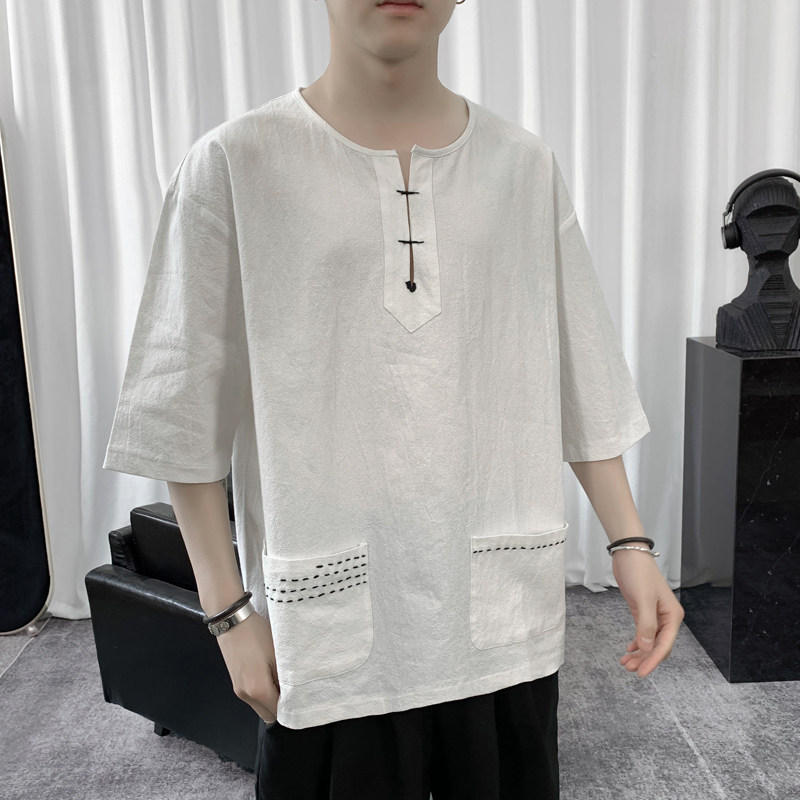 T8883P45短句风宽松七分袖T恤青少年棉麻撞色大码体恤休闲百搭,男装T恤,电商A026
