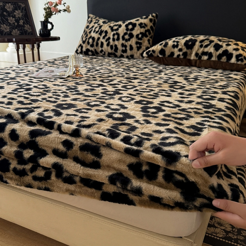 加厚加绒豹纹床笠单件单双人床罩