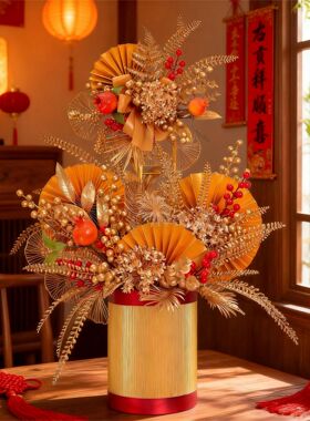 仿真石榴柿子年宵插花金色福桶 新年乔迁新居红色发财果装饰摆件