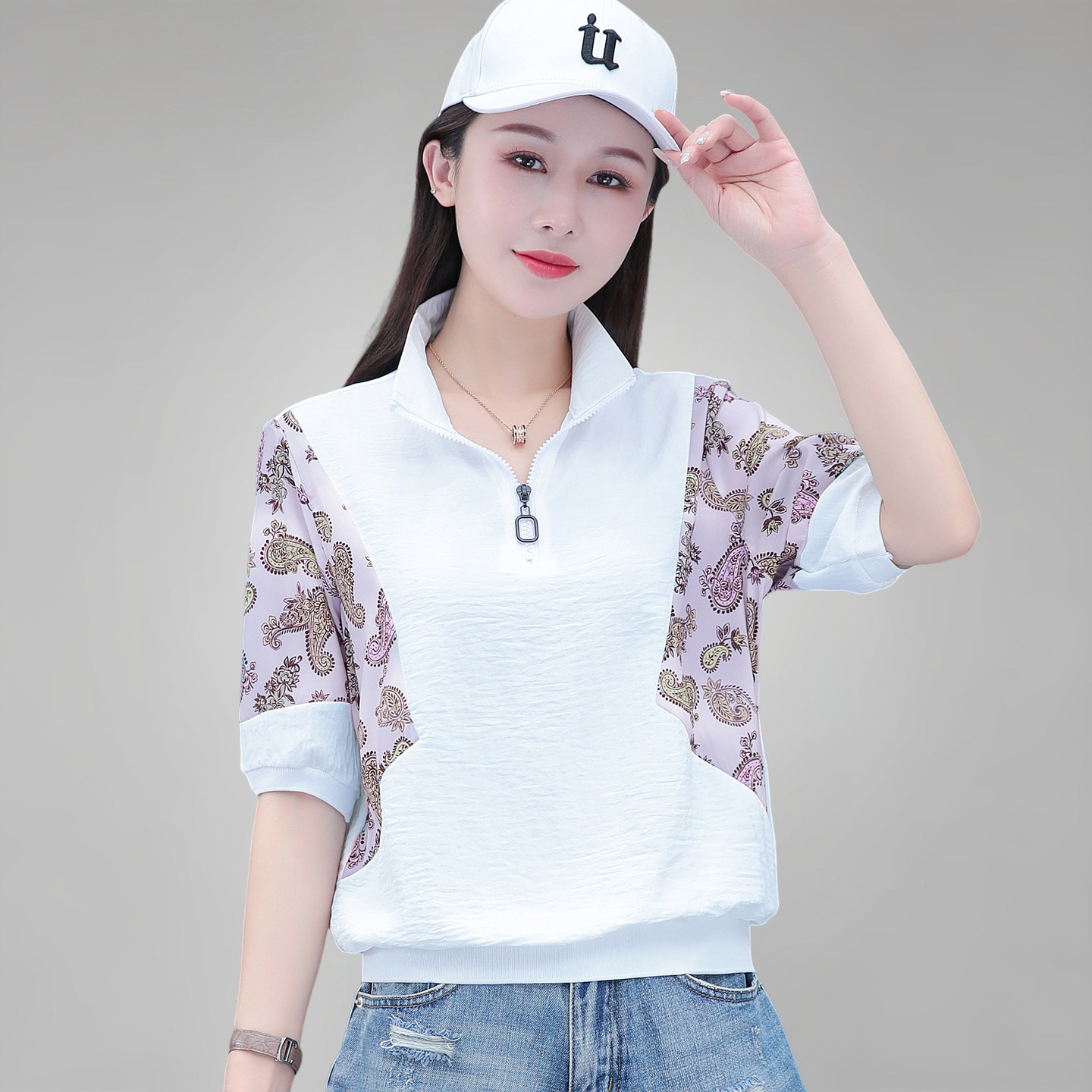 半拉链短袖夹克女2026夏季新款休闲冰丝体恤薄款外套透气棉麻上衣