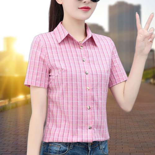 格子衬衫女士百搭夏短袖纯棉显瘦
