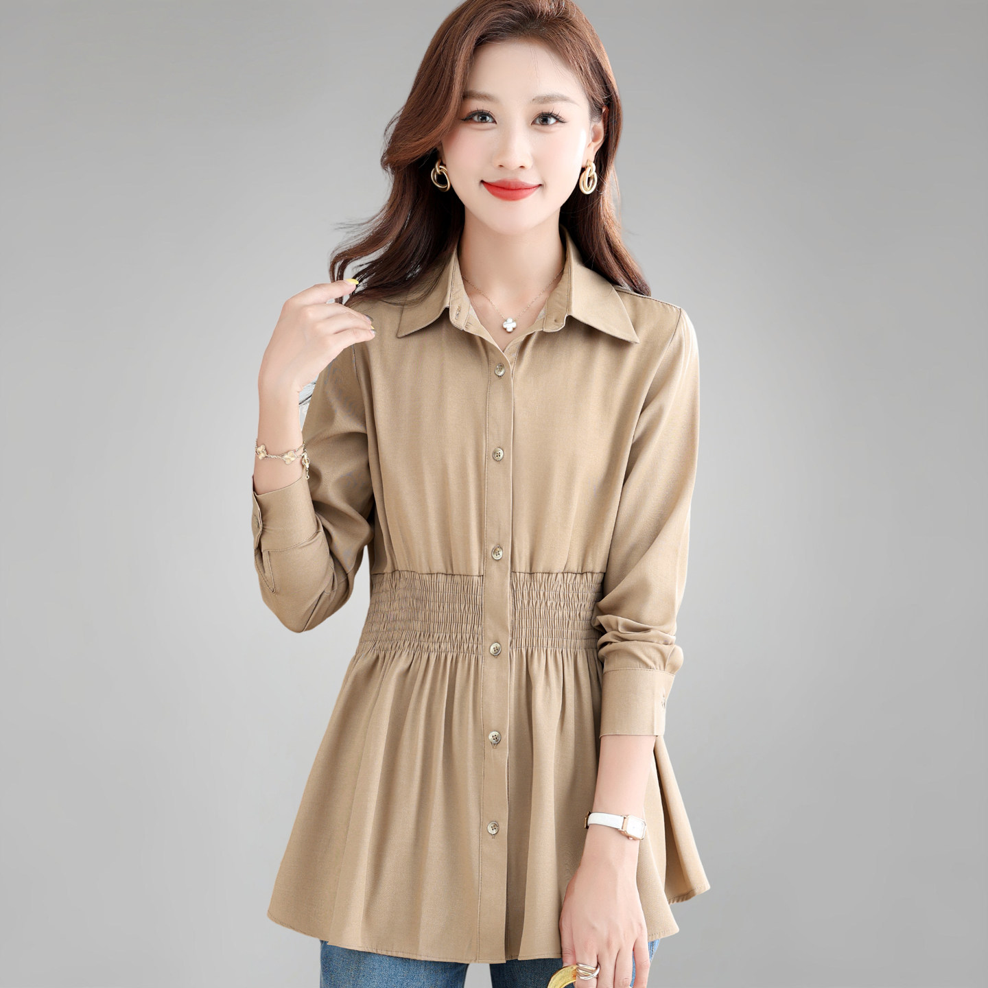 女士衬衫长袖春装2026年新款收腰设计感上衣女中长款洋气棉麻衬衣