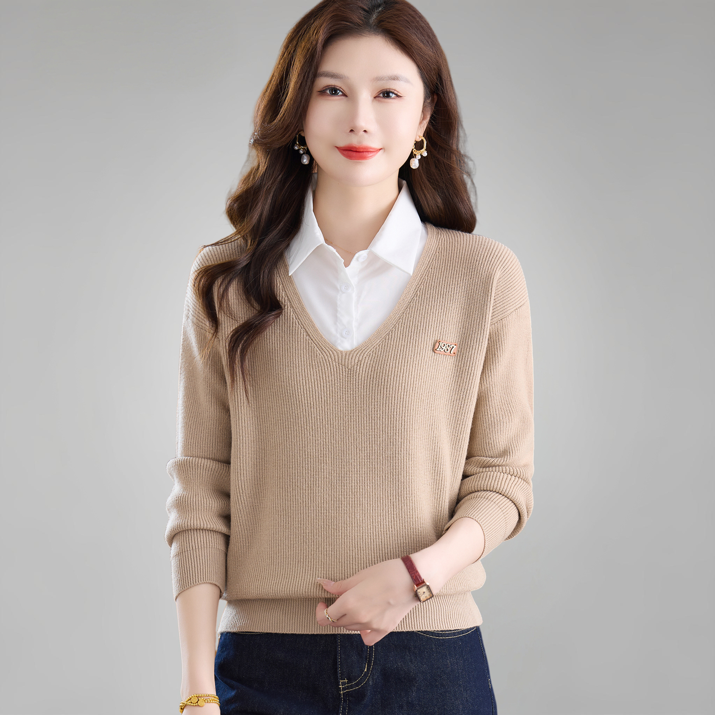 女士针织衫洋气妈妈假两件打底衫