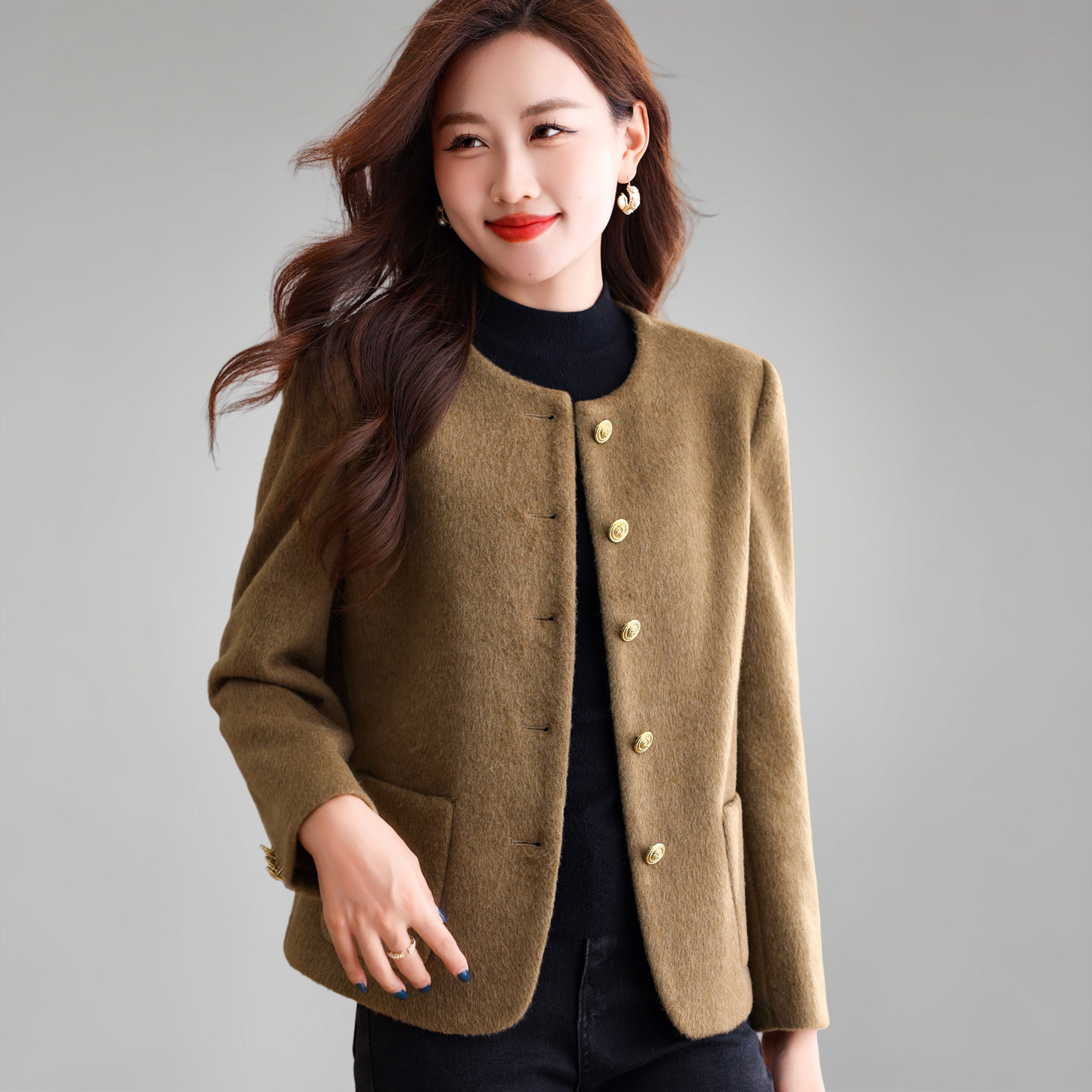 短款女士高端外套2025秋冬新款圆领休闲小香风上衣双面羊毛呢大衣