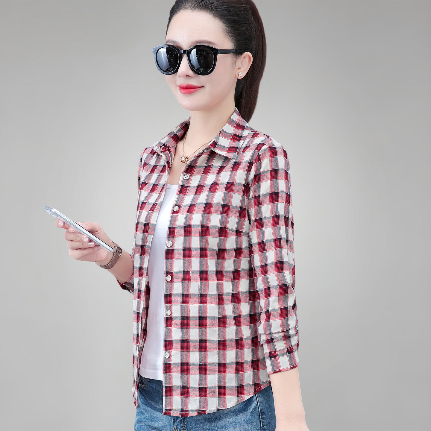 早秋女式纯棉格子衬衣2025新款妈妈装休闲长袖衬衫小个子显瘦上衣