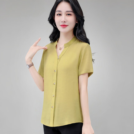 女士短袖棉麻衬衫2026夏季新款洋气薄款半袖衬衣中年开衫妈妈上衣
