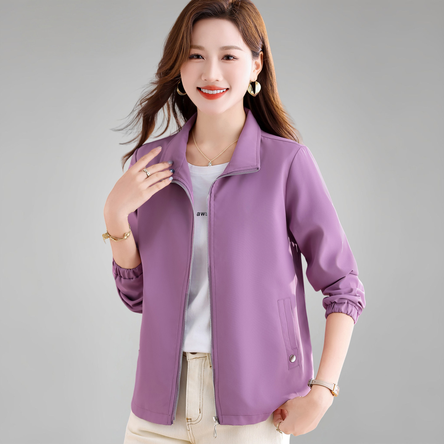 春秋女士款短外套2026新款减龄宽松夹克开衫立领时尚气质妈妈上衣,女装/女士精品,短外套,淘宝优惠券,粉丝福利购,淘宝优惠卷