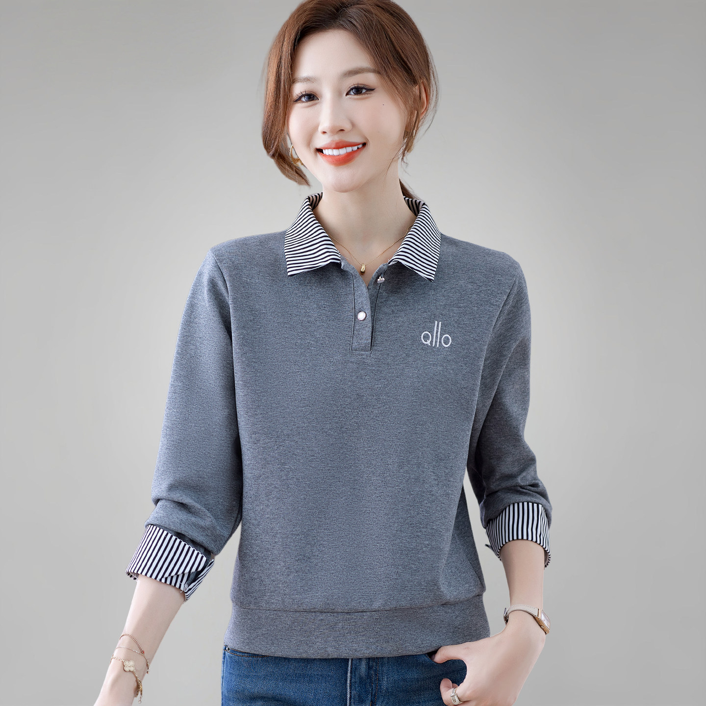 灰色卫衣女春装2026新款妈妈时髦洋气上衣女士休闲翻领九分袖外套