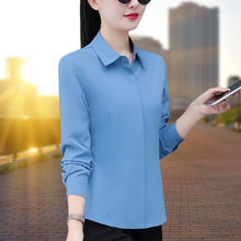蓝色衬衣女款2025年春季新款长袖衬衫通勤职业装妈妈修身雪纺上衣